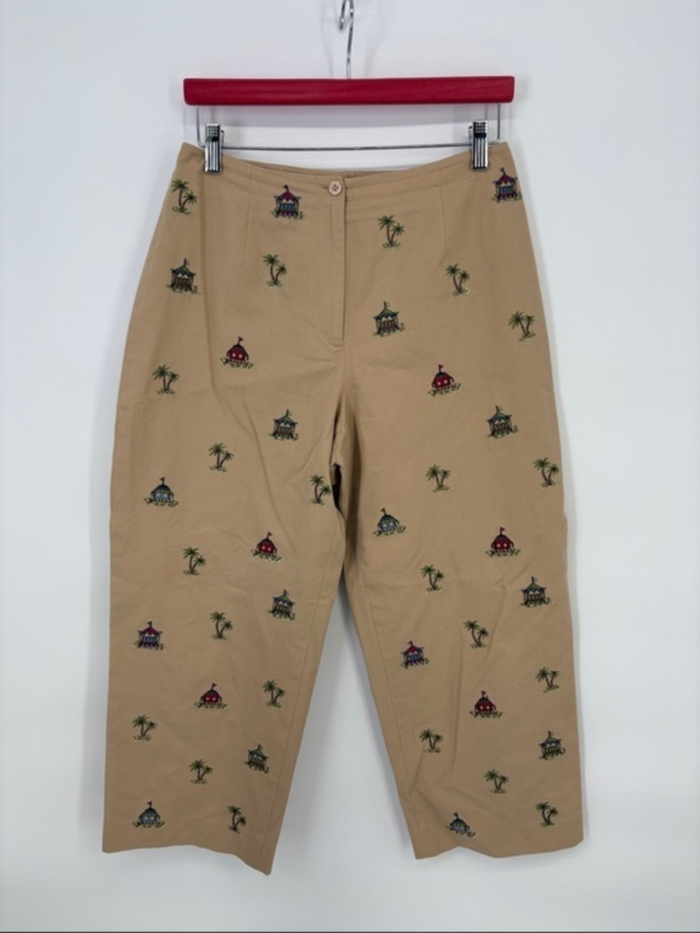 🫎 Talbots Tan Cropped Pants with Embroidered Palms & Pavilions